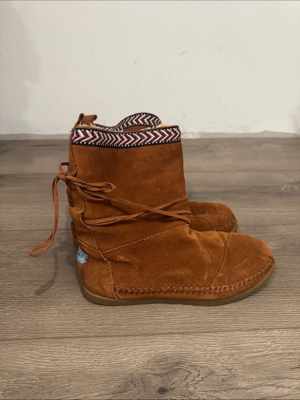 Toms Suede Moccasin Boot in Chestnut Brown with Patterned Trim